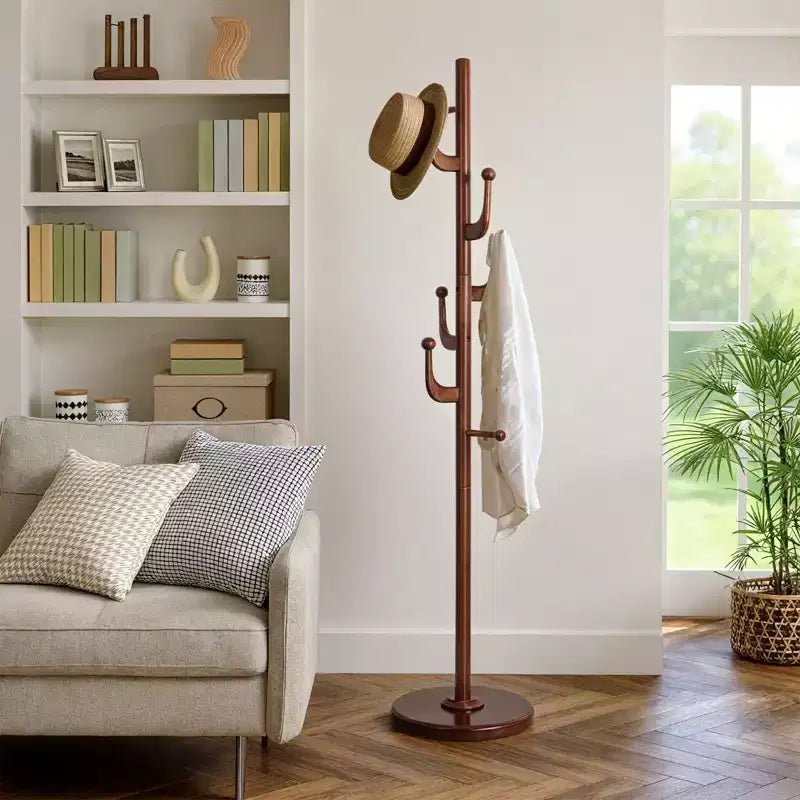 Bekrvio Cactus Freestanding Coat Rack Solid Wood Coat Tree with 7 Hooks and Sturdy Round Base, Entryway Wooden Coat Stands for Coats, Hats & Bags