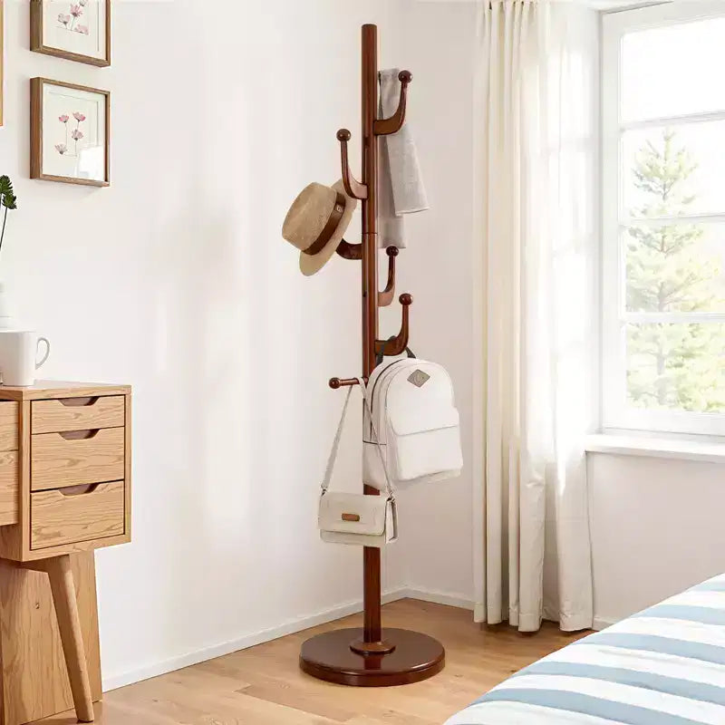 Bekrvio Cactus Freestanding Coat Rack Solid Wood Coat Tree with 7 Hooks and Sturdy Round Base, Entryway Wooden Coat Stands for Coats, Hats & Bags