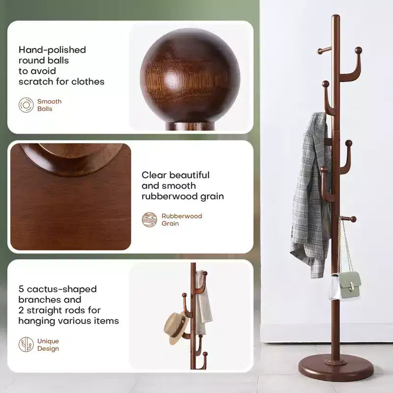 Bekrvio Cactus Freestanding Coat Rack Solid Wood Coat Tree with 7 Hooks and Sturdy Round Base, Entryway Wooden Coat Stands for Coats, Hats & Bags