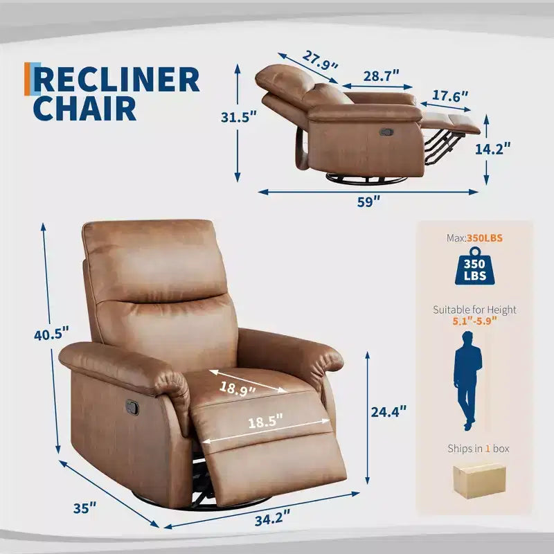 Manual Recliner Chair with Swivel Rocker - PU Leather Adjustable Backrest for Living Room Nursery