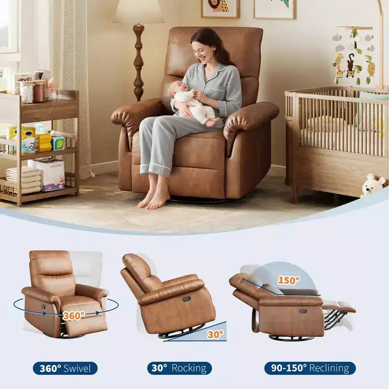 Manual Recliner Chair with Swivel Rocker - PU Leather Adjustable Backrest for Living Room Nursery