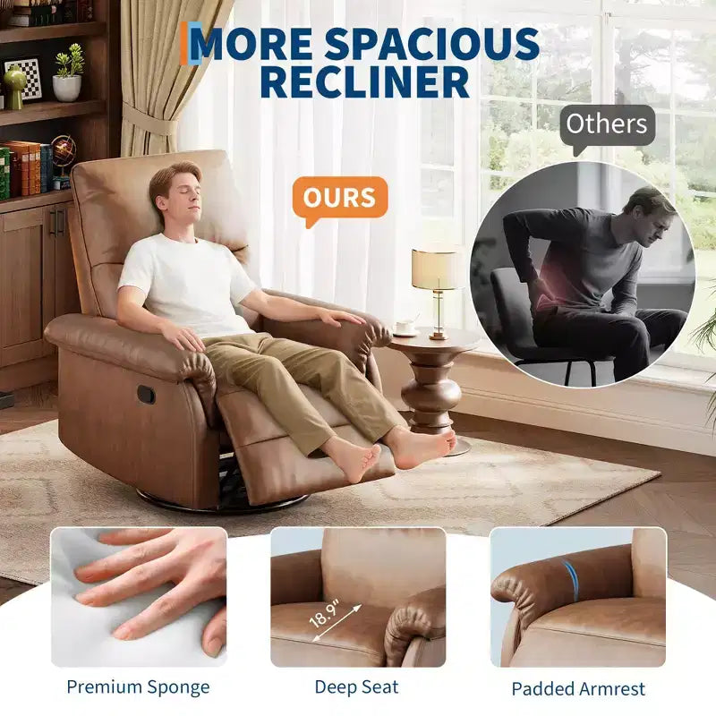 Manual Recliner Chair with Swivel Rocker - PU Leather Adjustable Backrest for Living Room Nursery