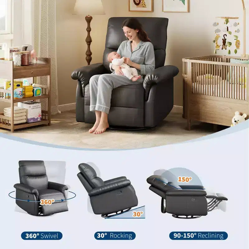 Manual Recliner Chair with Swivel Rocker - PU Leather Adjustable Backrest for Living Room Nursery