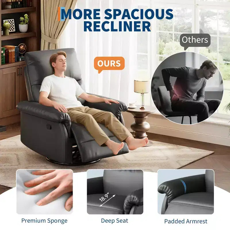 Manual Recliner Chair with Swivel Rocker - PU Leather Adjustable Backrest for Living Room Nursery