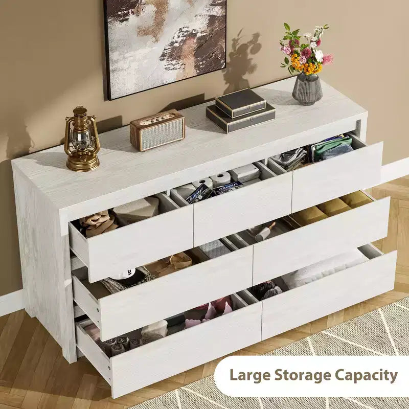 7 Drawer Dresser for Bedroom, Wide Modern Chest of Drawers, Large Wood Dresser Wooden Storage Organizer for Living Room, Hallway Entryway