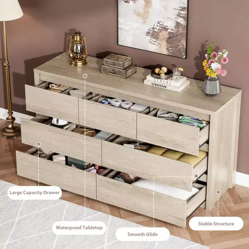 7 Drawer Dresser for Bedroom, Wide Modern Chest of Drawers, Large Wood Dresser Wooden Storage Organizer for Living Room, Hallway Entryway