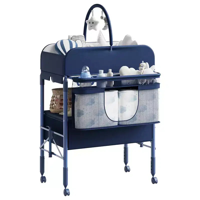 Adjustable Height Baby Changing Table with Wheels, Collapsible Diaper Station with 2 Drawers & Storage, Mobile Nursery Organizer with Waterproof Top