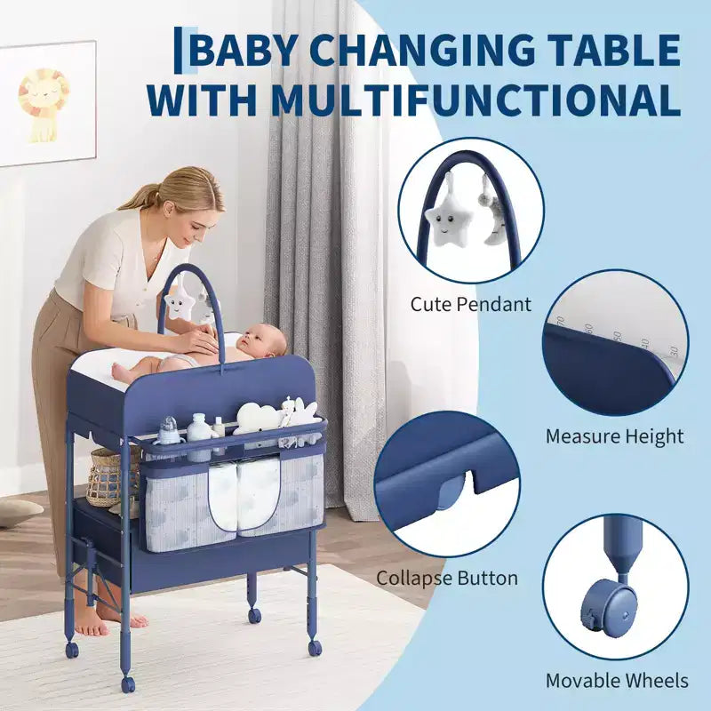 Adjustable Height Baby Changing Table with Wheels, Collapsible Diaper Station with 2 Drawers & Storage, Mobile Nursery Organizer with Waterproof Top