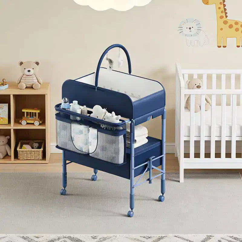 Adjustable Height Baby Changing Table with Wheels, Collapsible Diaper Station with 2 Drawers & Storage, Mobile Nursery Organizer with Waterproof Top
