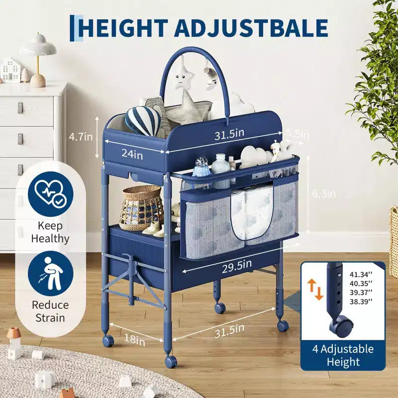 Adjustable Height Baby Changing Table with Wheels, Collapsible Diaper Station with 2 Drawers & Storage, Mobile Nursery Organizer with Waterproof Top