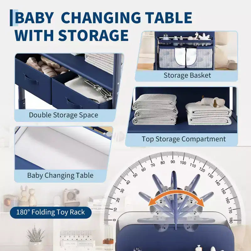 Adjustable Height Baby Changing Table with Wheels, Collapsible Diaper Station with 2 Drawers & Storage, Mobile Nursery Organizer with Waterproof Top