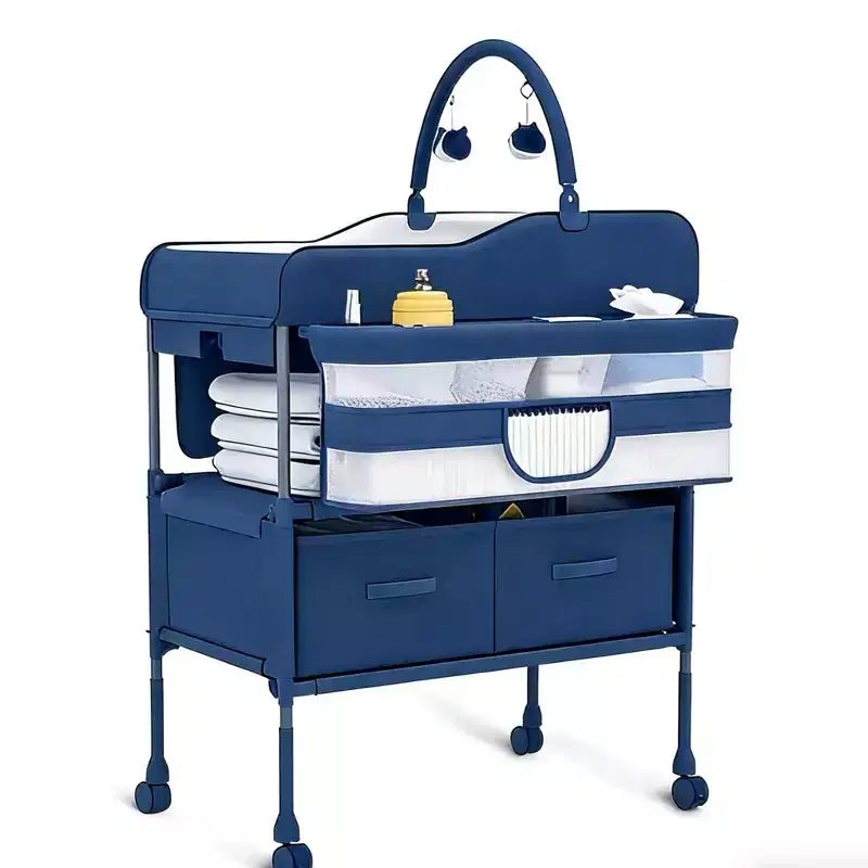 Adjustable Height Baby Changing Table with Wheels, Collapsible Diaper Station with 2 Drawers & Storage, Mobile Nursery Organizer with Waterproof Top