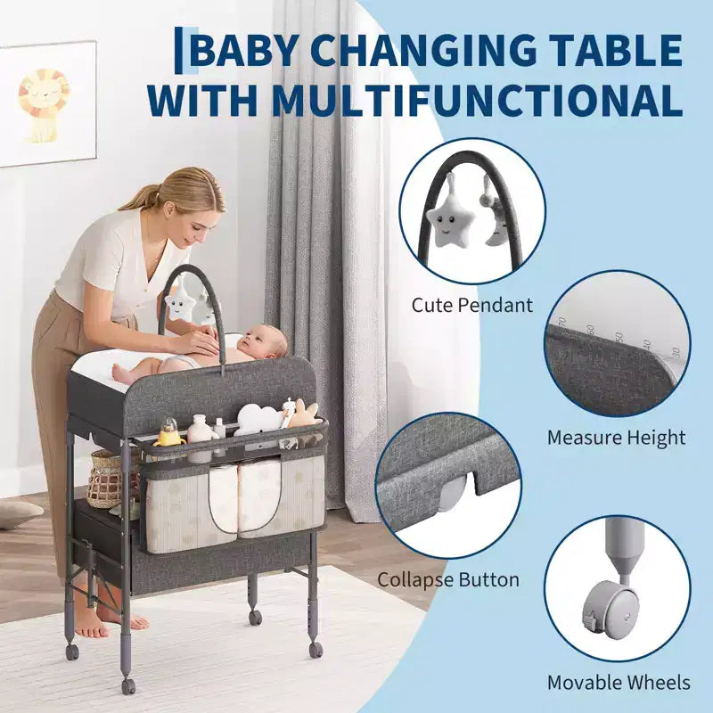 Adjustable Height Baby Changing Table with Wheels, Collapsible Diaper Station with 2 Drawers & Storage, Mobile Nursery Organizer with Waterproof Top