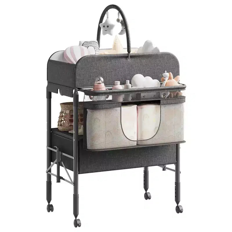 Adjustable Height Baby Changing Table with Wheels, Collapsible Diaper Station with 2 Drawers & Storage, Mobile Nursery Organizer with Waterproof Top