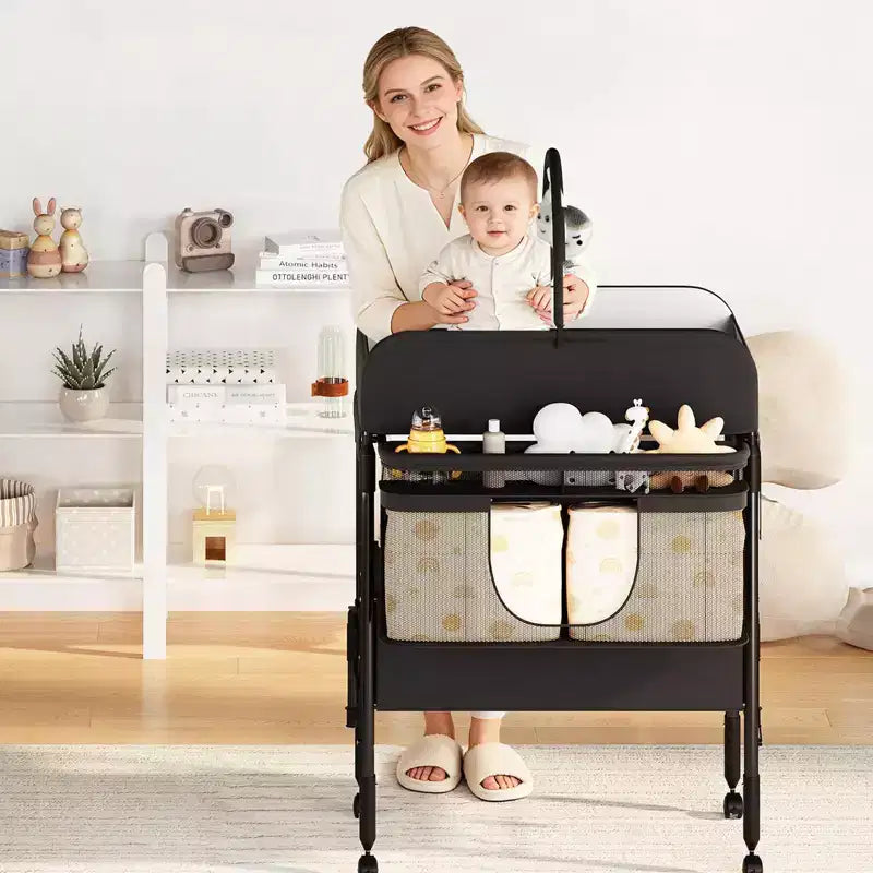 Adjustable Height Baby Changing Table with Wheels, Collapsible Diaper Station with 2 Drawers & Storage, Mobile Nursery Organizer with Waterproof Top