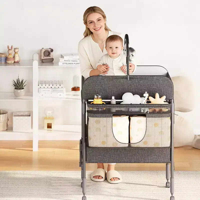 Adjustable Height Baby Changing Table with Wheels, Collapsible Diaper Station with 2 Drawers & Storage, Mobile Nursery Organizer with Waterproof Top