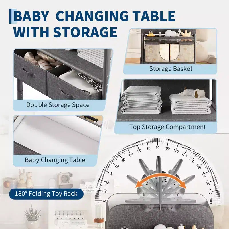 Adjustable Height Baby Changing Table with Wheels, Collapsible Diaper Station with 2 Drawers & Storage, Mobile Nursery Organizer with Waterproof Top