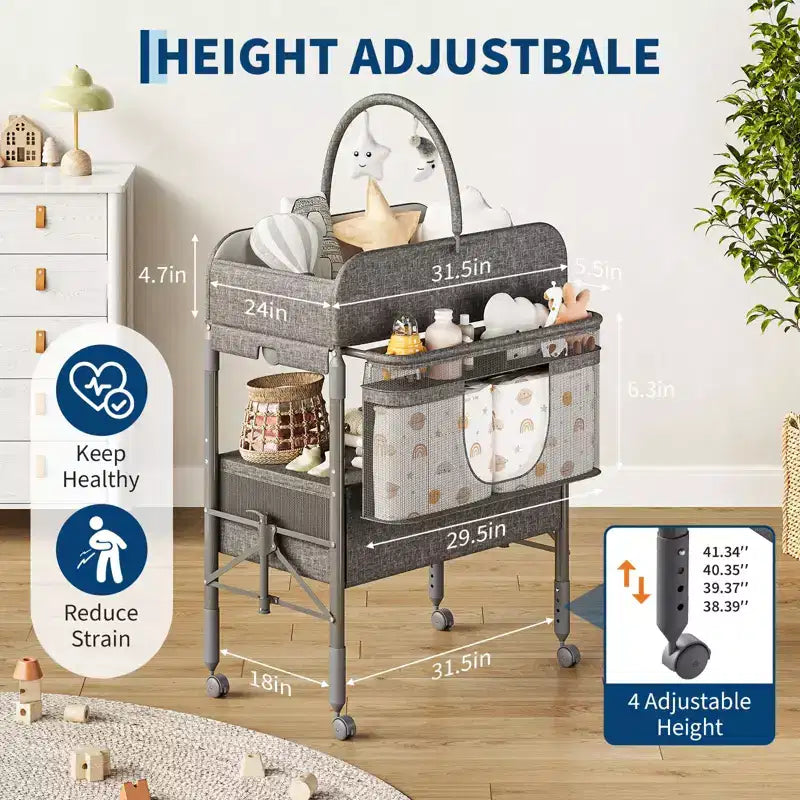 Adjustable Height Baby Changing Table with Wheels, Collapsible Diaper Station with 2 Drawers & Storage, Mobile Nursery Organizer with Waterproof Top