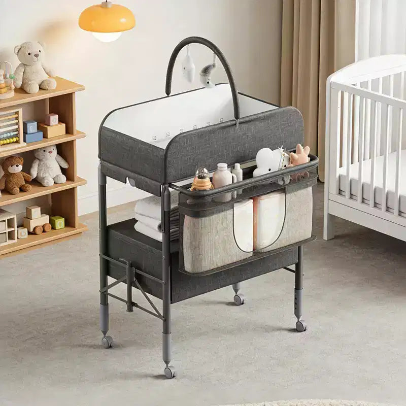 Adjustable Height Baby Changing Table with Wheels, Collapsible Diaper Station with 2 Drawers & Storage, Mobile Nursery Organizer with Waterproof Top