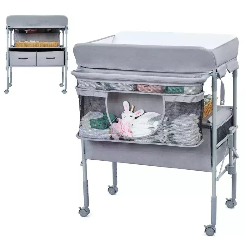 Adjustable Height Baby Changing Table with Wheels, Collapsible Diaper Station with 2 Drawers & Storage, Mobile Nursery Organizer with Waterproof Top