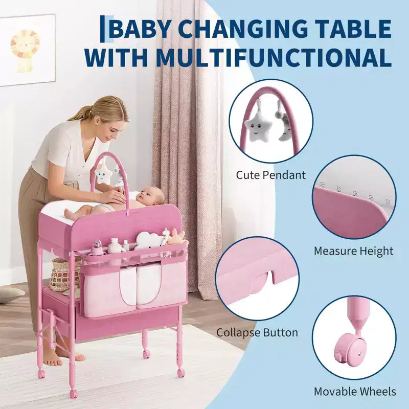 Adjustable Height Baby Changing Table with Wheels, Collapsible Diaper Station with 2 Drawers & Storage, Mobile Nursery Organizer with Waterproof Top