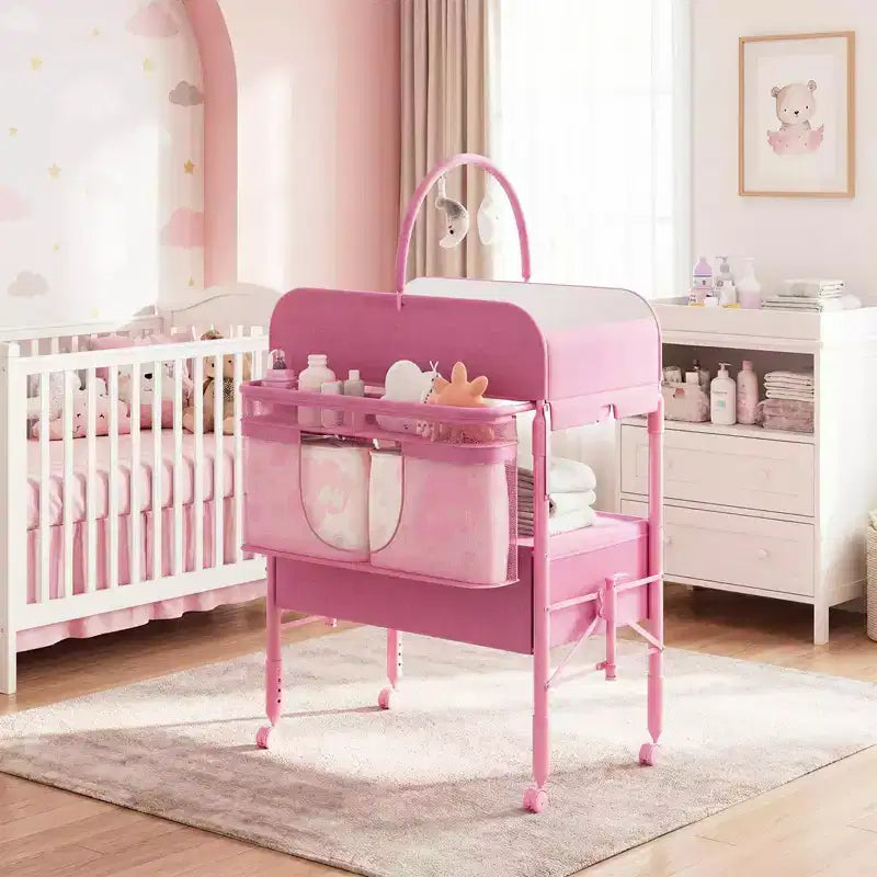 Adjustable Height Baby Changing Table with Wheels, Collapsible Diaper Station with 2 Drawers & Storage, Mobile Nursery Organizer with Waterproof Top
