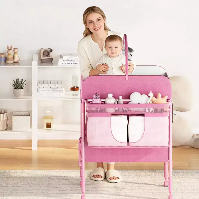 Adjustable Height Baby Changing Table with Wheels, Collapsible Diaper Station with 2 Drawers & Storage, Mobile Nursery Organizer with Waterproof Top