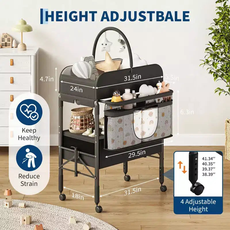 Adjustable Height Baby Changing Table with Wheels, Collapsible Diaper Station with 2 Drawers & Storage, Mobile Nursery Organizer with Waterproof Top