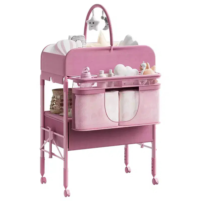 Adjustable Height Baby Changing Table with Wheels, Collapsible Diaper Station with 2 Drawers & Storage, Mobile Nursery Organizer with Waterproof Top