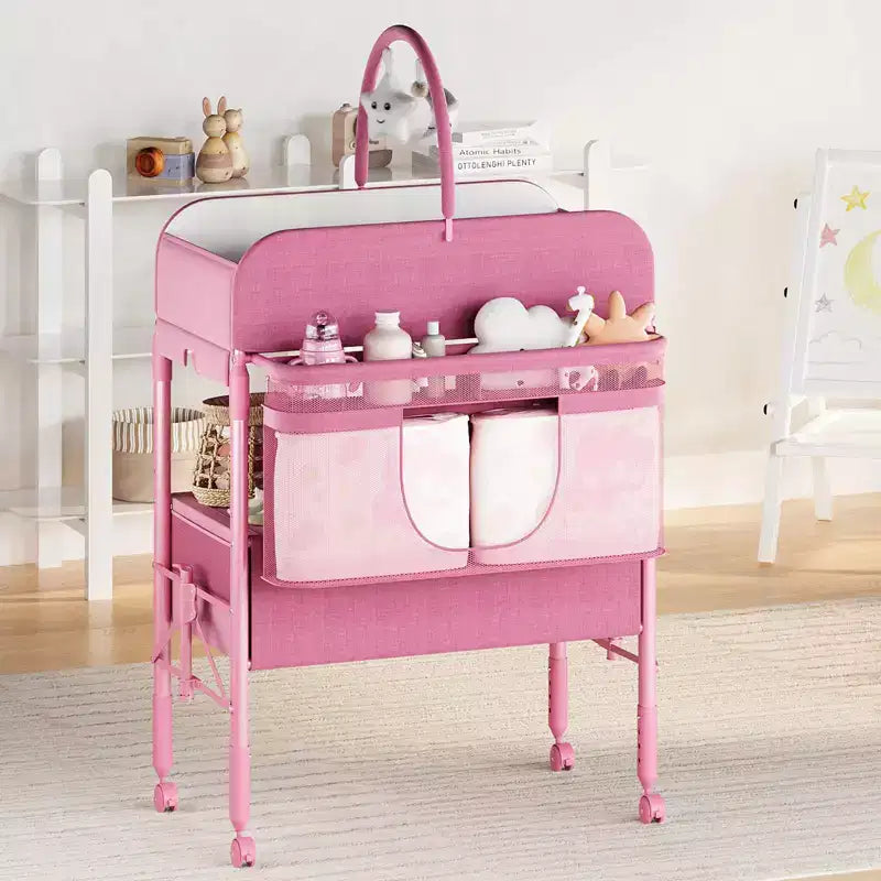 Adjustable Height Baby Changing Table with Wheels, Collapsible Diaper Station with 2 Drawers & Storage, Mobile Nursery Organizer with Waterproof Top