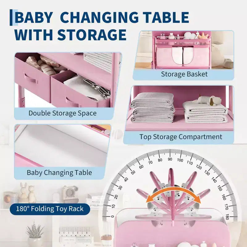 Adjustable Height Baby Changing Table with Wheels, Collapsible Diaper Station with 2 Drawers & Storage, Mobile Nursery Organizer with Waterproof Top
