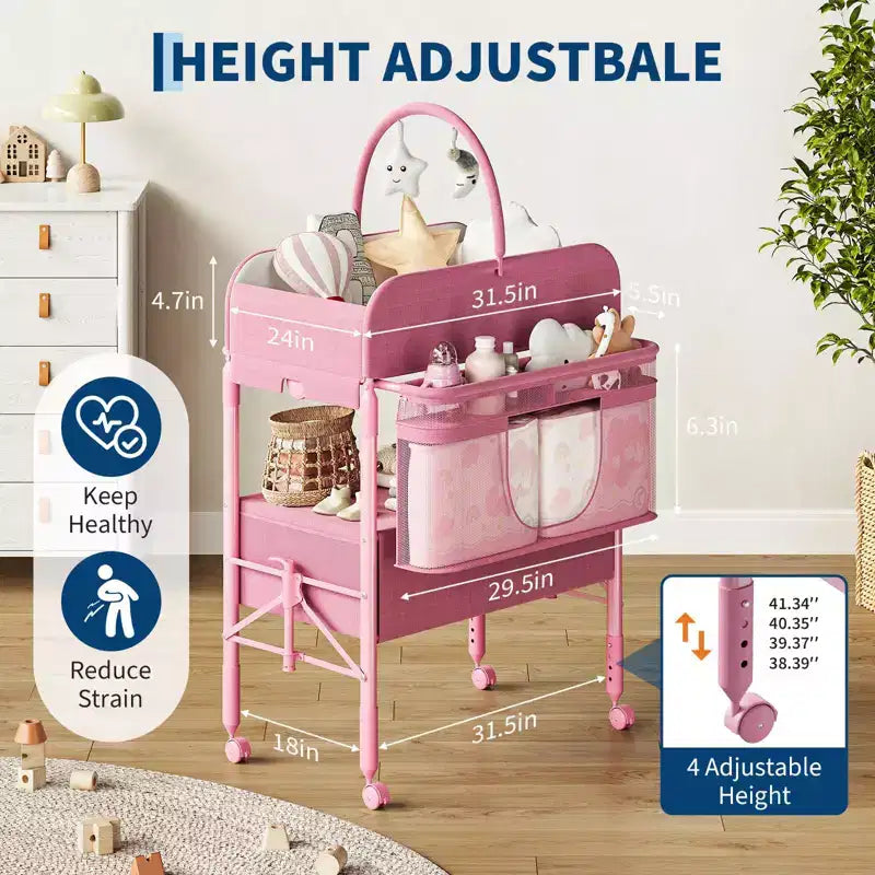 Adjustable Height Baby Changing Table with Wheels, Collapsible Diaper Station with 2 Drawers & Storage, Mobile Nursery Organizer with Waterproof Top