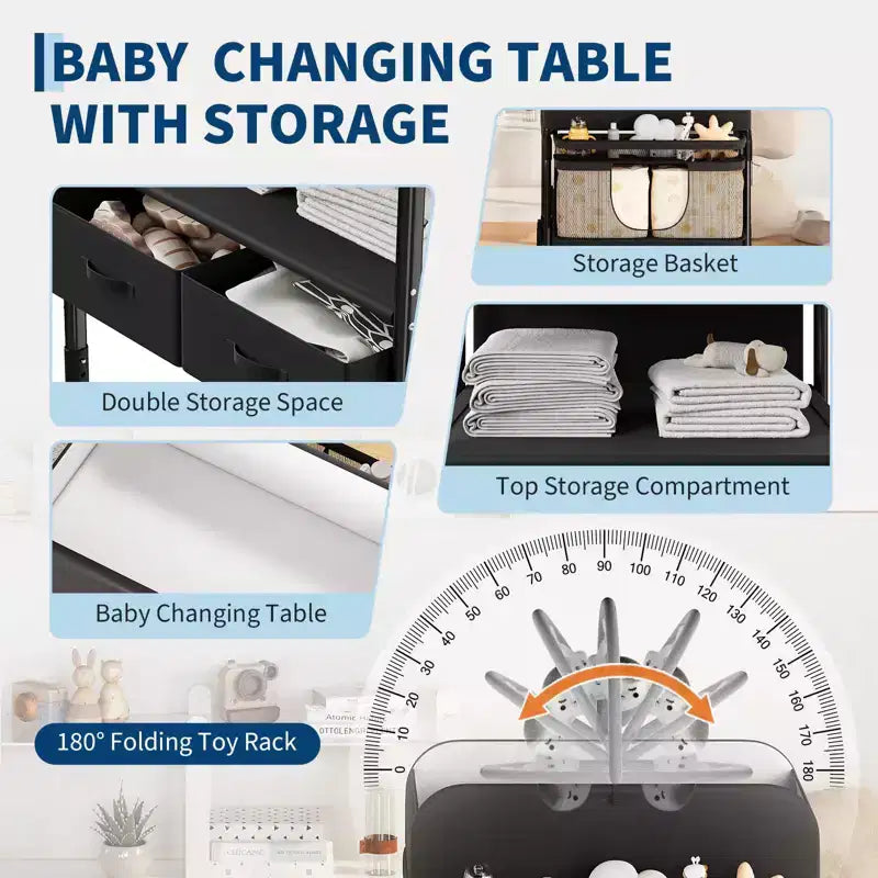 Adjustable Height Baby Changing Table with Wheels, Collapsible Diaper Station with 2 Drawers & Storage, Mobile Nursery Organizer with Waterproof Top