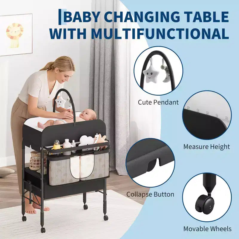 Adjustable Height Baby Changing Table with Wheels, Collapsible Diaper Station with 2 Drawers & Storage, Mobile Nursery Organizer with Waterproof Top