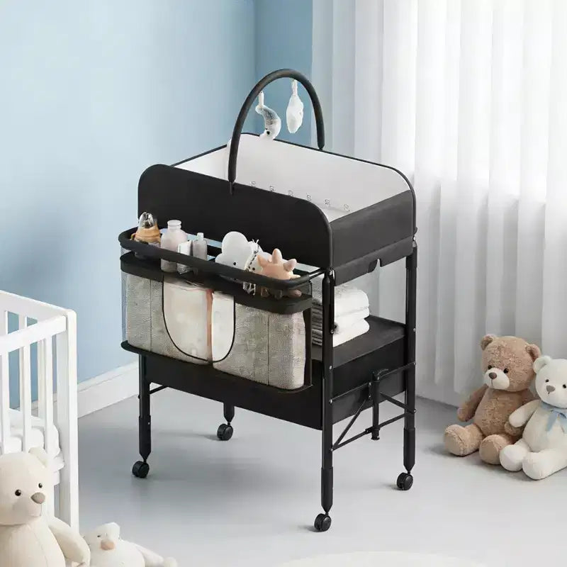 Adjustable Height Baby Changing Table with Wheels, Collapsible Diaper Station with 2 Drawers & Storage, Mobile Nursery Organizer with Waterproof Top
