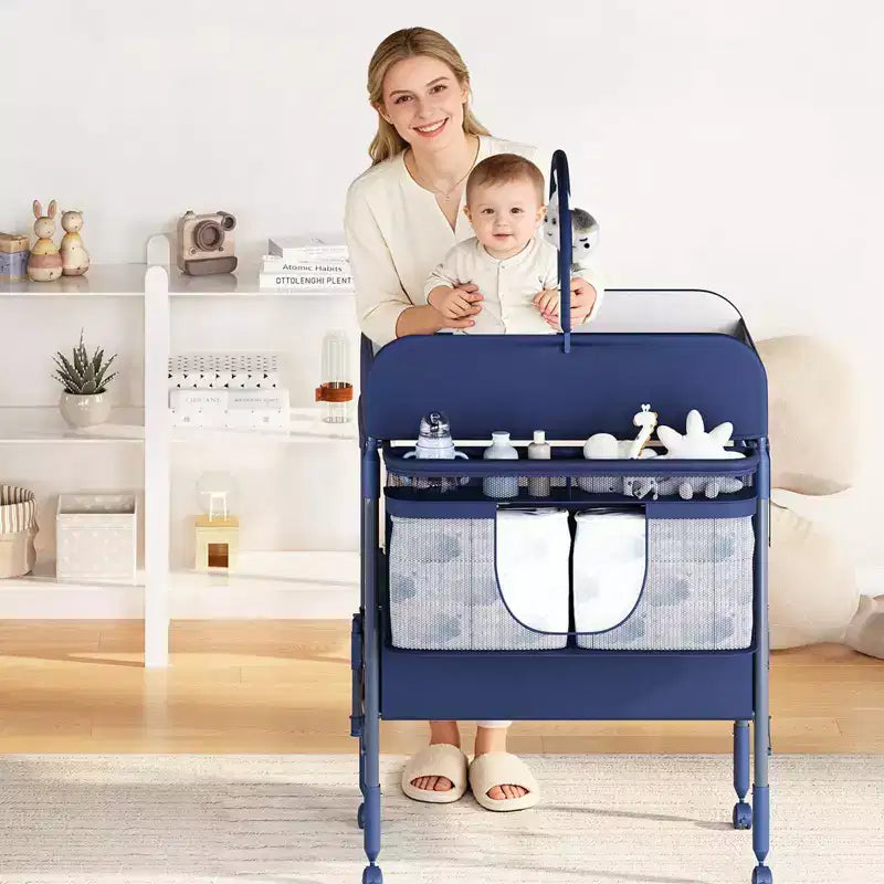 Adjustable Height Baby Changing Table with Wheels, Collapsible Diaper Station with 2 Drawers & Storage, Mobile Nursery Organizer with Waterproof Top