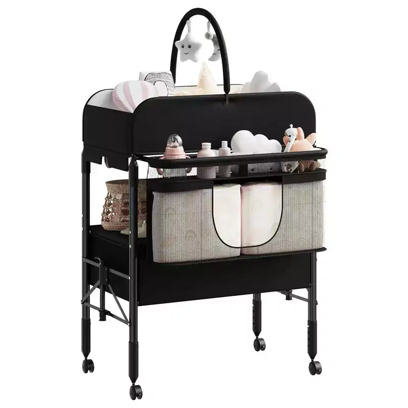 Adjustable Height Baby Changing Table with Wheels, Collapsible Diaper Station with 2 Drawers & Storage, Mobile Nursery Organizer with Waterproof Top