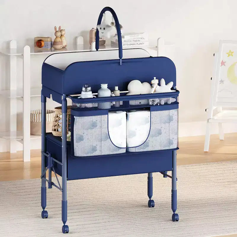 Table à langer réglable en hauteur avec roulettes, station à langer pliable avec 2 tiroirs et rangement, organiseur de crèche mobile avec plateau imperméable