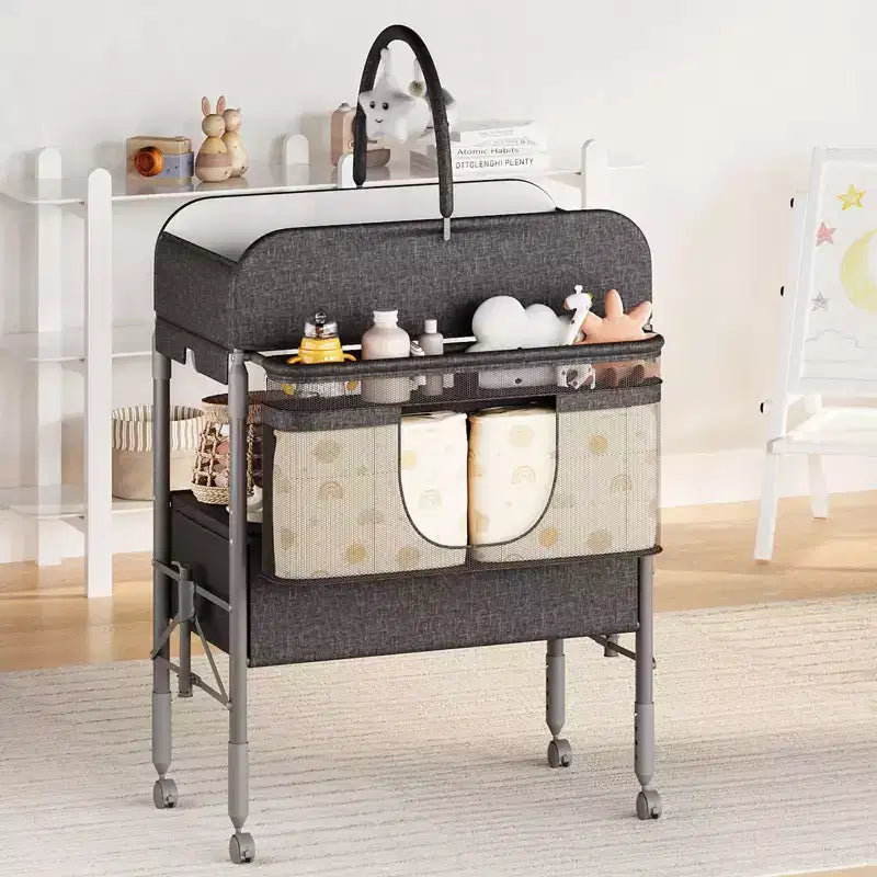 Table à langer réglable en hauteur avec roulettes, station à langer pliable avec 2 tiroirs et rangement, organiseur de crèche mobile avec plateau imperméable