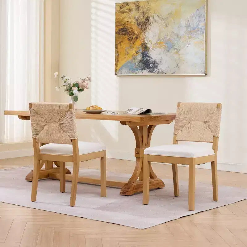 GDFStudio Haven Linen Upholstered Wooden Dining Chair with Rope Backrest( Set of 2)