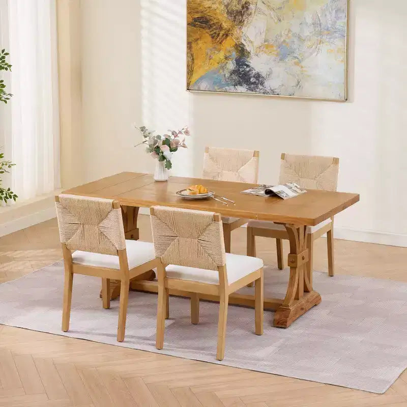 GDFStudio Haven Linen Upholstered Wooden Dining Chair with Rope Backrest( Set of 2)