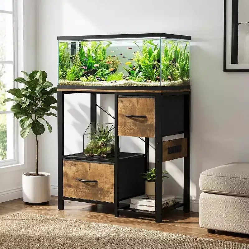 20-29 Gallon Fish Tank Stand with Power Outlets, Heavy Duty Metal and Wood Aquarium Table with Storage Shelf for Living Room