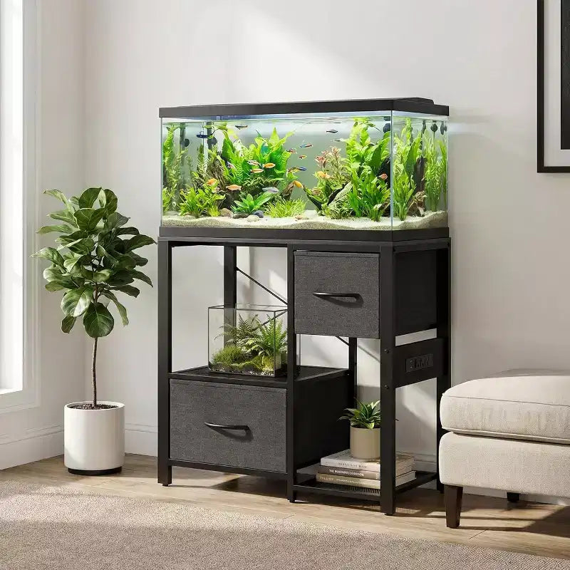 20-29 Gallon Fish Tank Stand with Power Outlets, Heavy Duty Metal and Wood Aquarium Table with Storage Shelf for Living Room