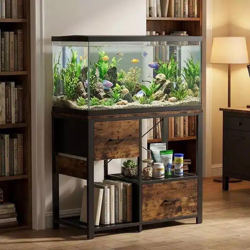 Meuble pour aquarium de 75-110 litres avec prises électriques, table d'aquarium en métal et bois robuste avec étagère de rangement pour salon