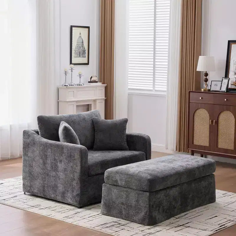 Upholstered Accent Chair Cushioned Single Sofa Chair Leisure Chair with Ottoman&Pillows, Chenille - ModernLuxe