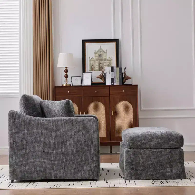 Upholstered Accent Chair Cushioned Single Sofa Chair Leisure Chair with Ottoman&Pillows, Chenille - ModernLuxe
