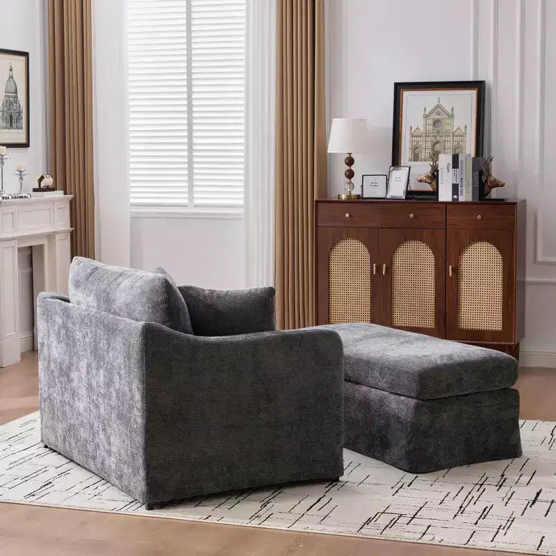 Upholstered Accent Chair Cushioned Single Sofa Chair Leisure Chair with Ottoman&Pillows, Chenille - ModernLuxe