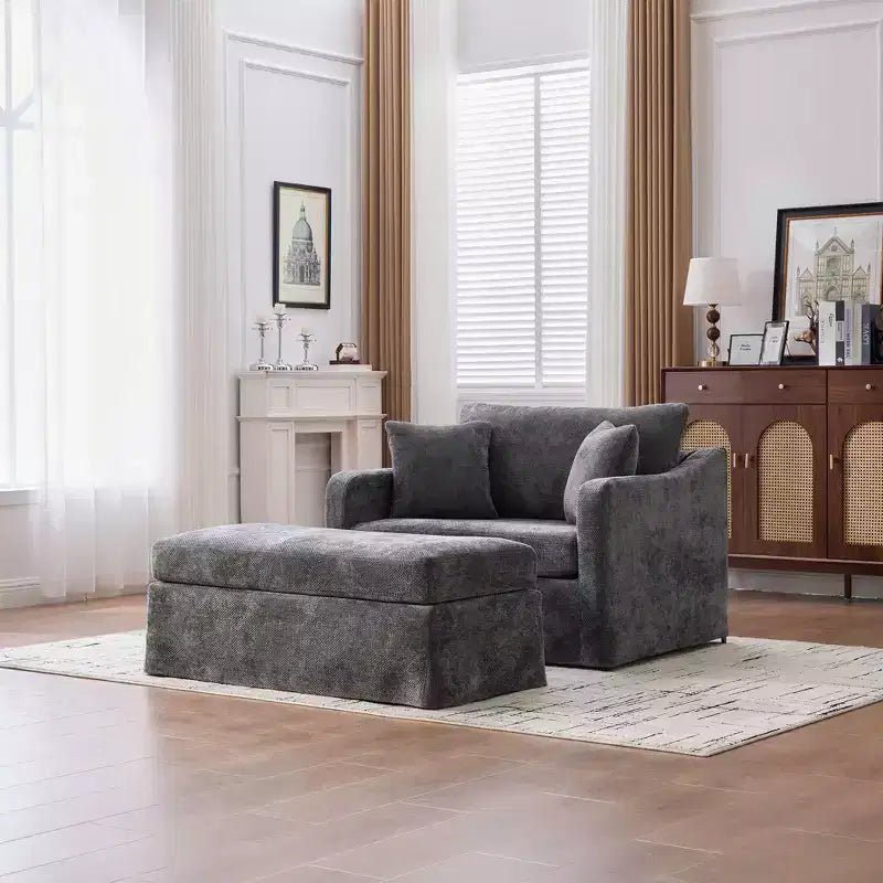 Upholstered Accent Chair Cushioned Single Sofa Chair Leisure Chair with Ottoman&Pillows, Chenille - ModernLuxe