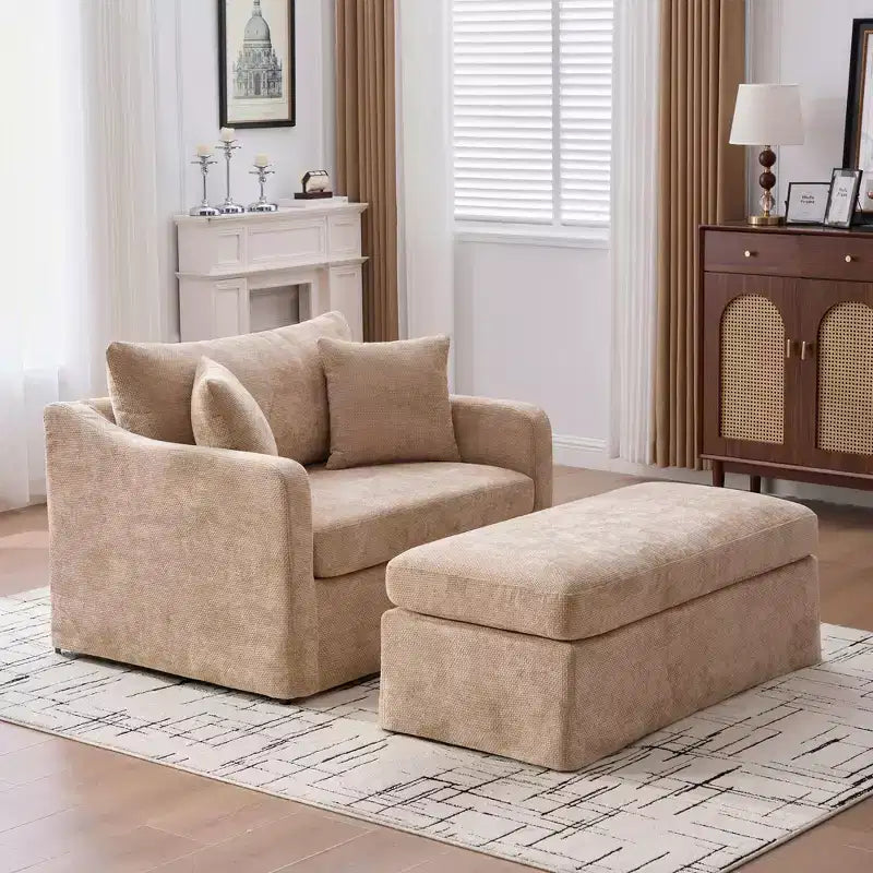 Upholstered Accent Chair Cushioned Single Sofa Chair Leisure Chair with Ottoman&Pillows, Chenille - ModernLuxe