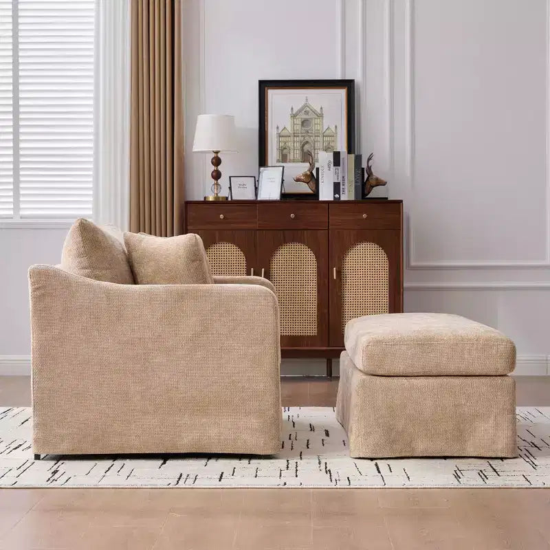 Upholstered Accent Chair Cushioned Single Sofa Chair Leisure Chair with Ottoman&Pillows, Chenille - ModernLuxe